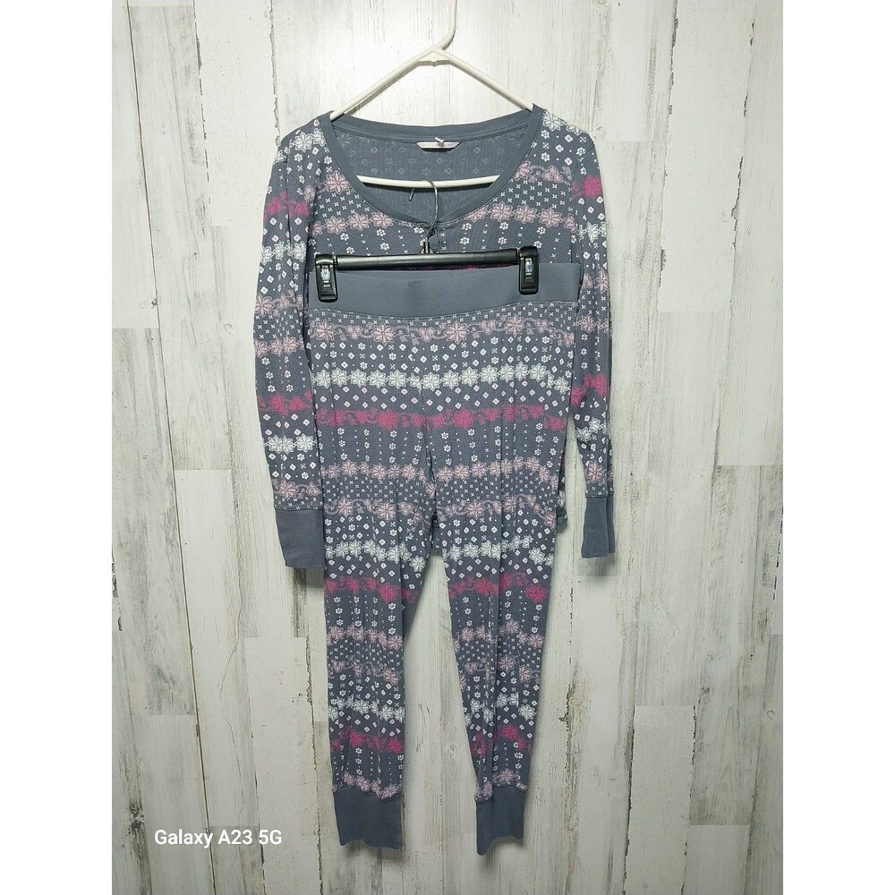 Victoria's Secret Pajamas Thermal Waffle Gray Pink White Floral Large